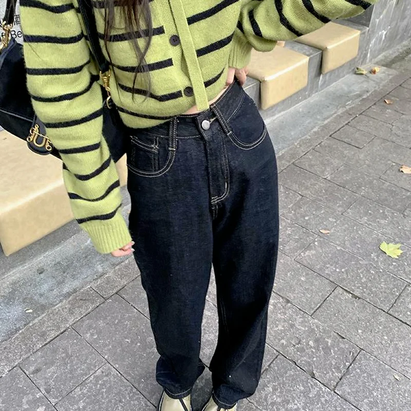 

Джинсы женские осенние в стиле ретро, популярные черные уличные брюки с высокой талией и широкими штанинами, шикарные брюки в корейском стиле, популярные стильные брюки