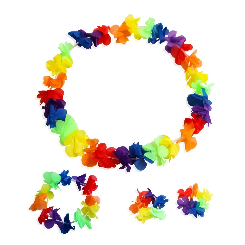 30 Sets Festive Hawaiian Leis Tropical Flower Necklace Headbands and Wristbands for Hawaiian Party Beach Decorations