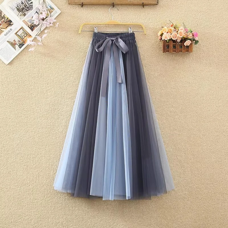 

Autumn Sweet Contrast Color Ball Gown Tutu Skirt Women Elastic High Waist Tie Bow Mesh Skirts Ladies A Line Large Hem Long Skirt