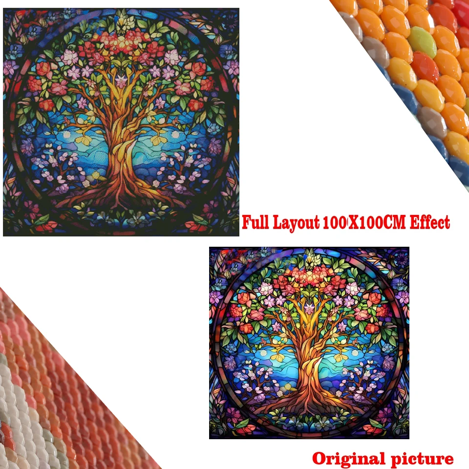 DIY 100x100cm High Quality Large Size Stained Glass Tree of Life Diamond Painting Embroidery Cross Stitch Kit For Home Decor