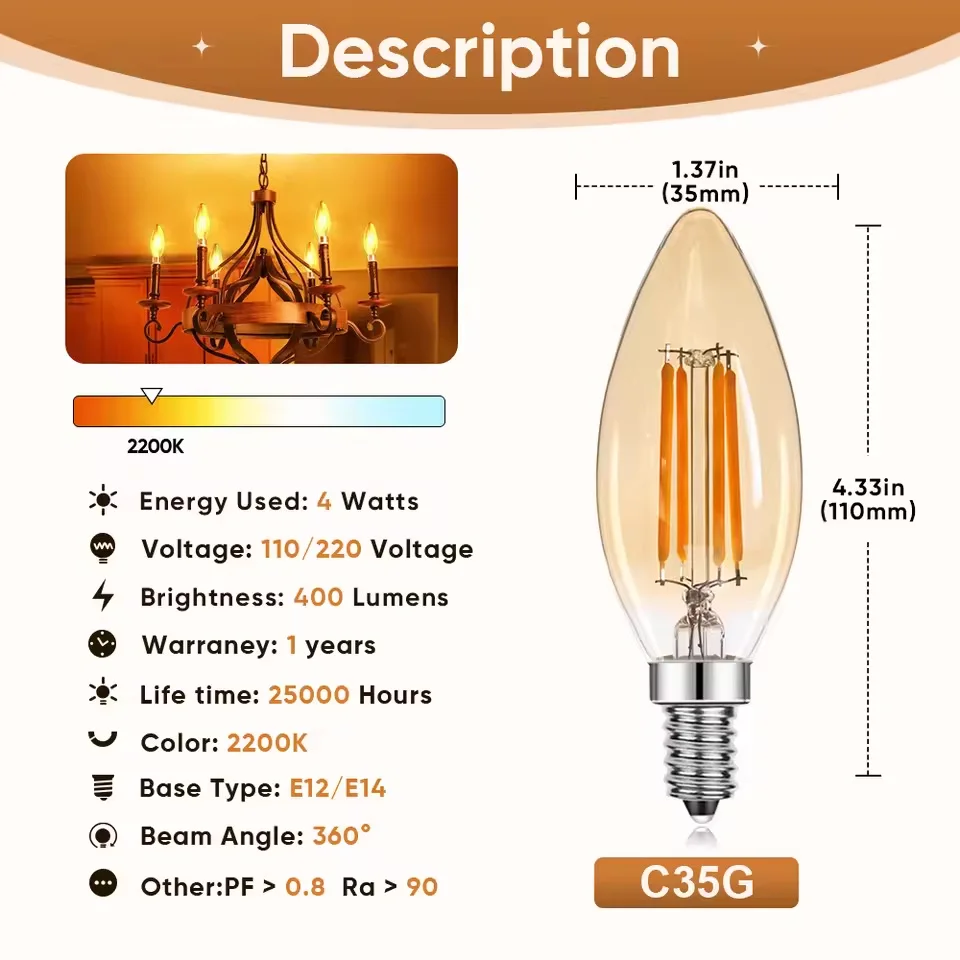 10Pcs Candle Lamp C35 E14 Led Dimmable 4W 220V 110V E12 2700K Warm White Indoor Vintage Chandelier Replaceable Light Bulb Decor