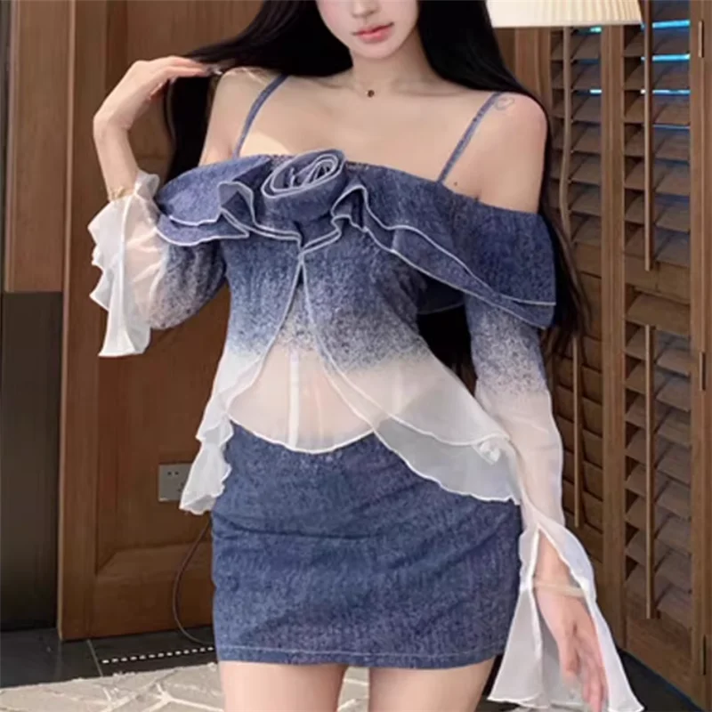 Sweet Girl Summer 2 Pieces Sets Sexy Slash Neck Flare Sleeve Shirt Top&Pencil Mini Skirt 2pc Chic Holiday Two Pieces Dress Suits