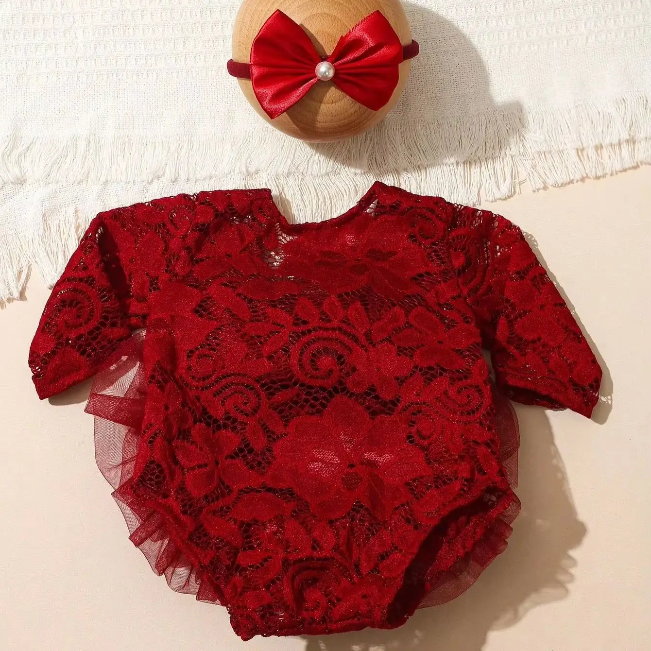 Ylsteed Newborn Lace Flower Headband And Bodysuit Set For 100th Day Baby Photoshoot Outfit Infant Photo Prop Baby Shower Gift-HD view 4