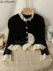 Black Velvet Blouse Women Clothes 2024 Camisas De Mujer Vintage Shirts Stand Neck Crop Tops Ruffles  Sweet Tunic Blouses 63a830