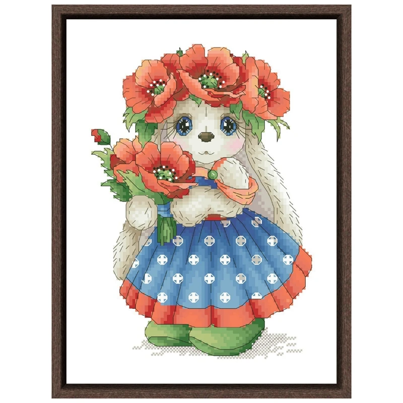 Bunny with poppies cross stitch kits cartoon pattern 18ct 14ct 11ct white fabric cotton thread DIY embroidery kit for beginners