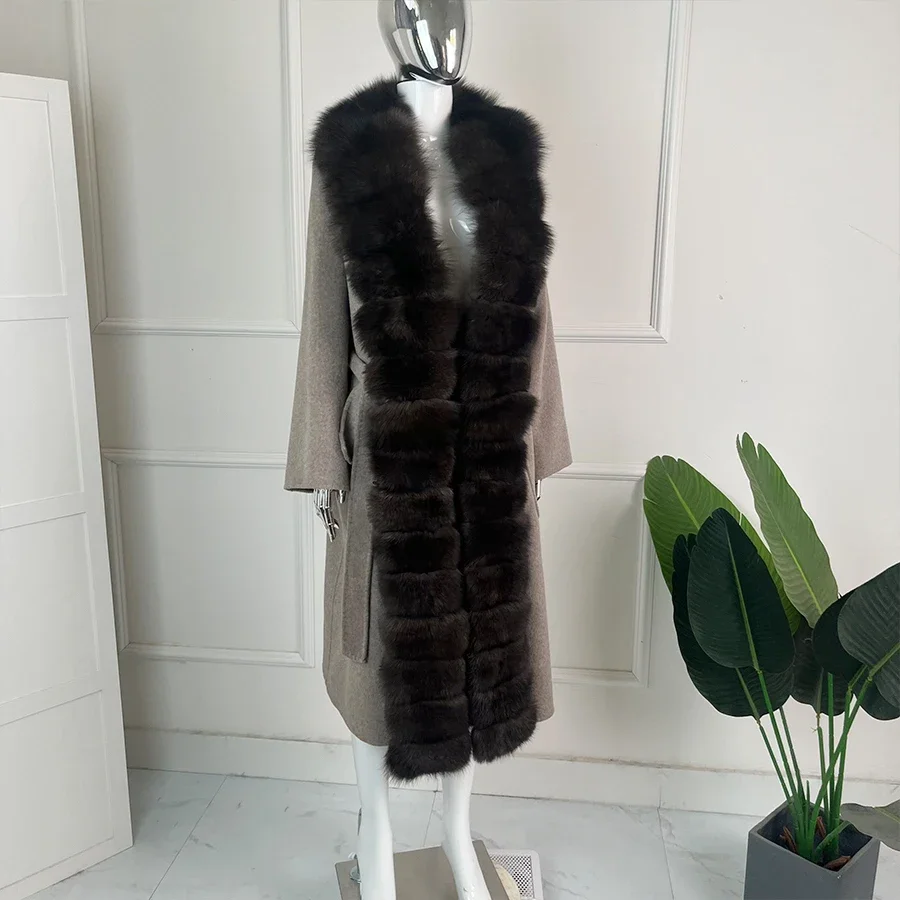 Autumn Winter Removable Oversized Fox Fur Collar Women Wool Coat Long Fur Jacket Luxury High Quality