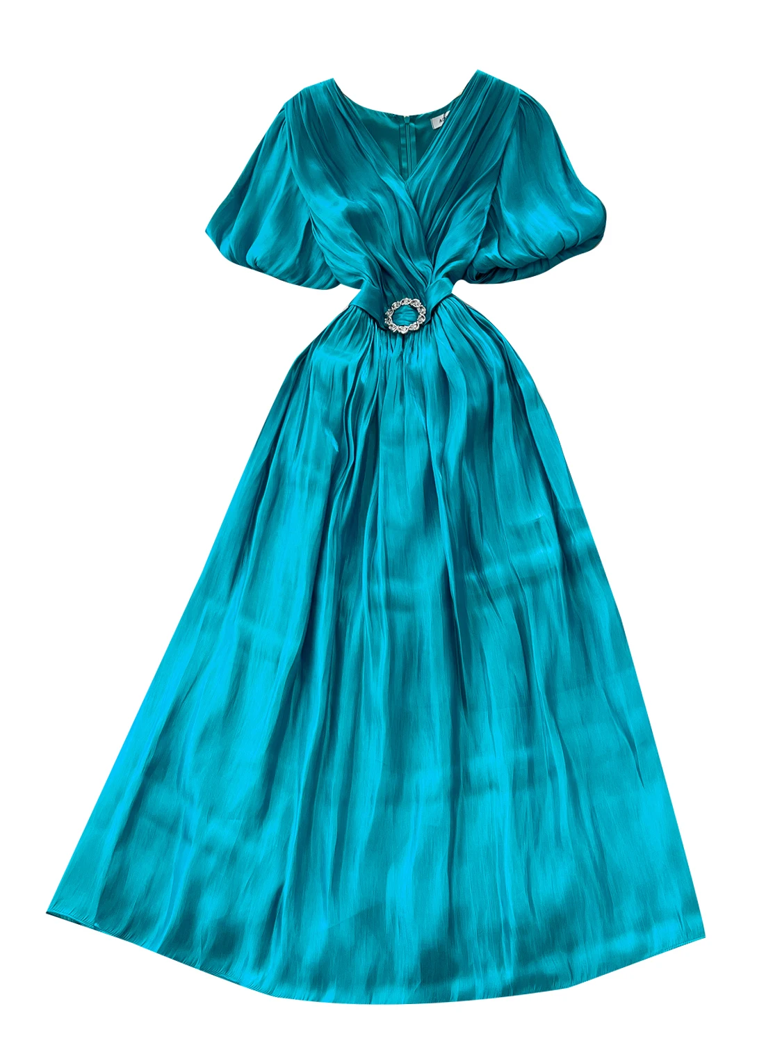 Vestido Largo E de Verano para Mujer, con Cuello Cruzado, Mangas Abullonadas, Cintura Alta con Hebilla Metálica y Dise...