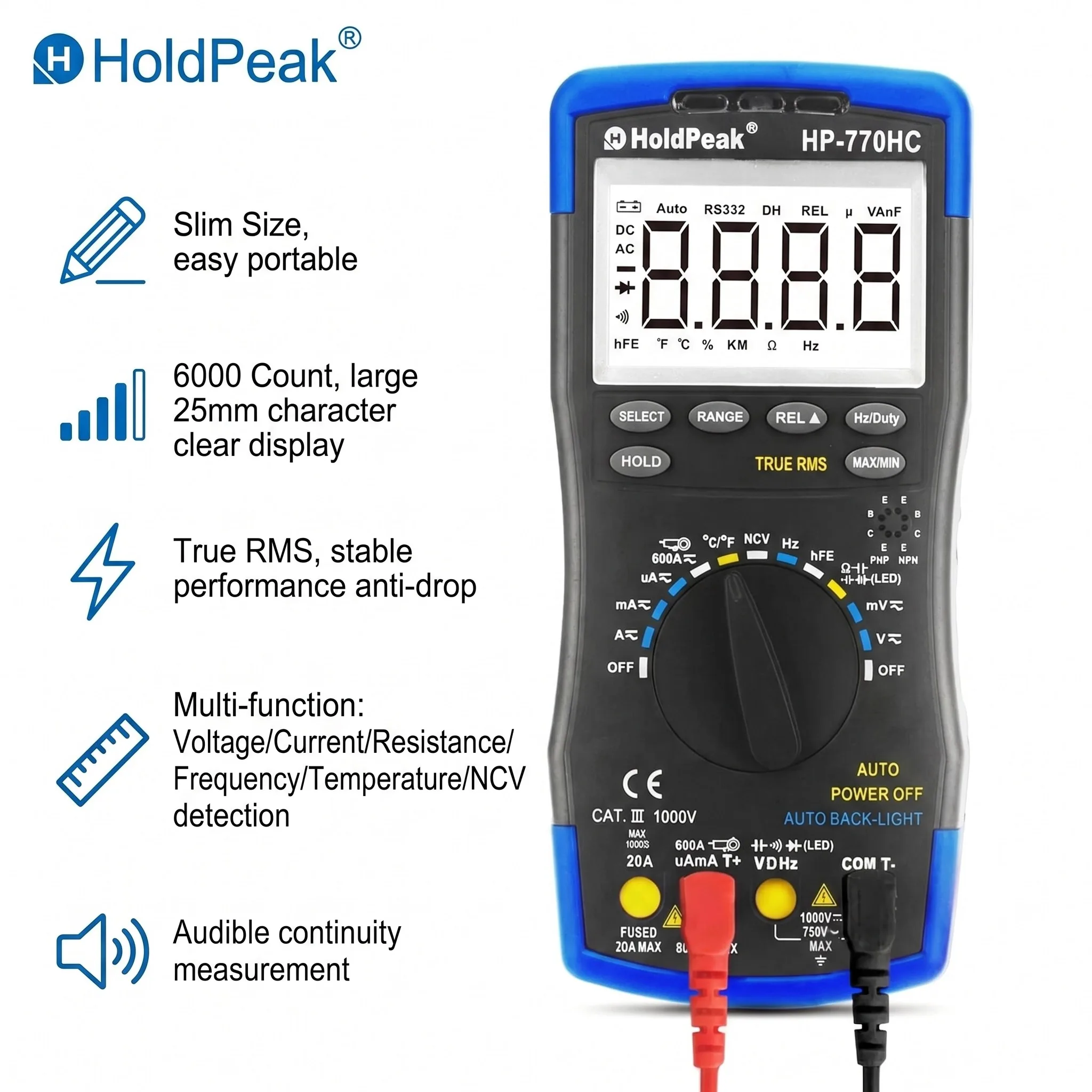 HoldPeak CAT III 1000V True RMS Digital Multimeter ±0.5% Accuracy NCV 600A Clamp Auto-Ranging for Electrician HVAC