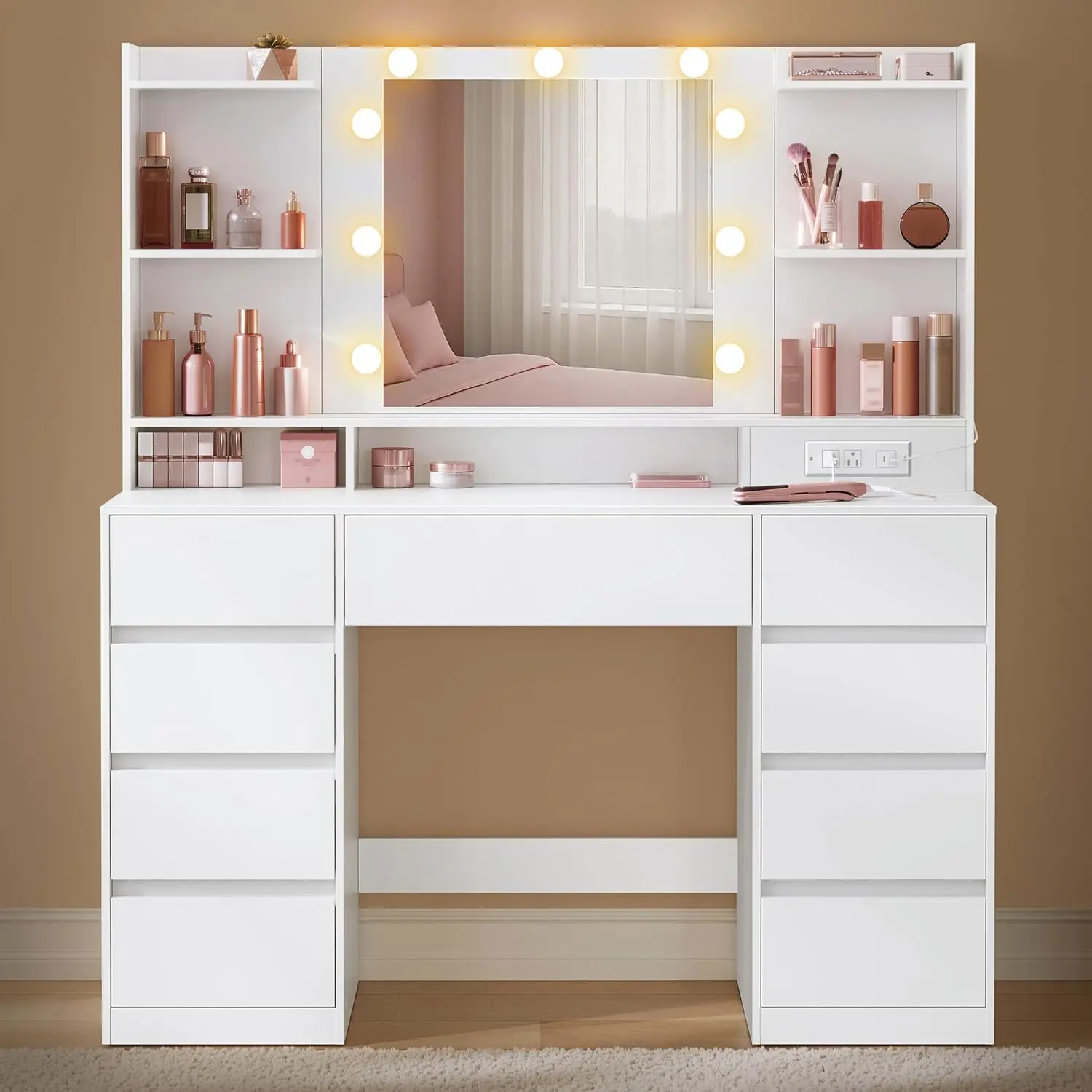 

Туалетный столик VASAGLE Kailyn Collection с зеркалом и 9 светодиодными лампами, туалетный столик с розетками, туалетный столик для макияжа