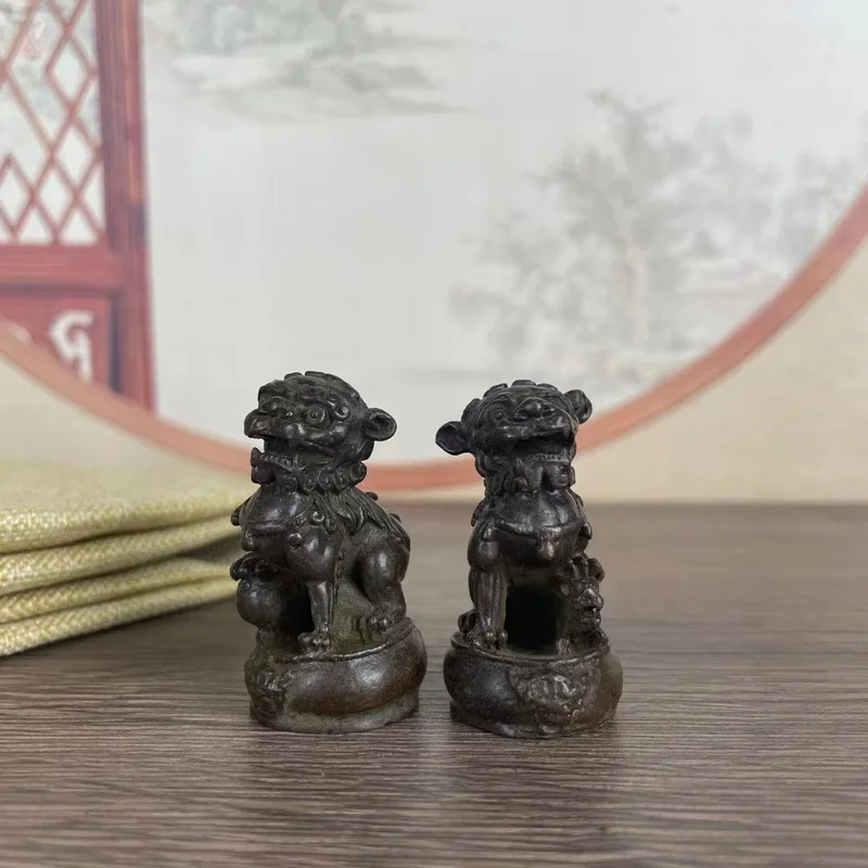Collectible alloy pair, palace door, auspicious drum, small copper lion, desktop ornament
