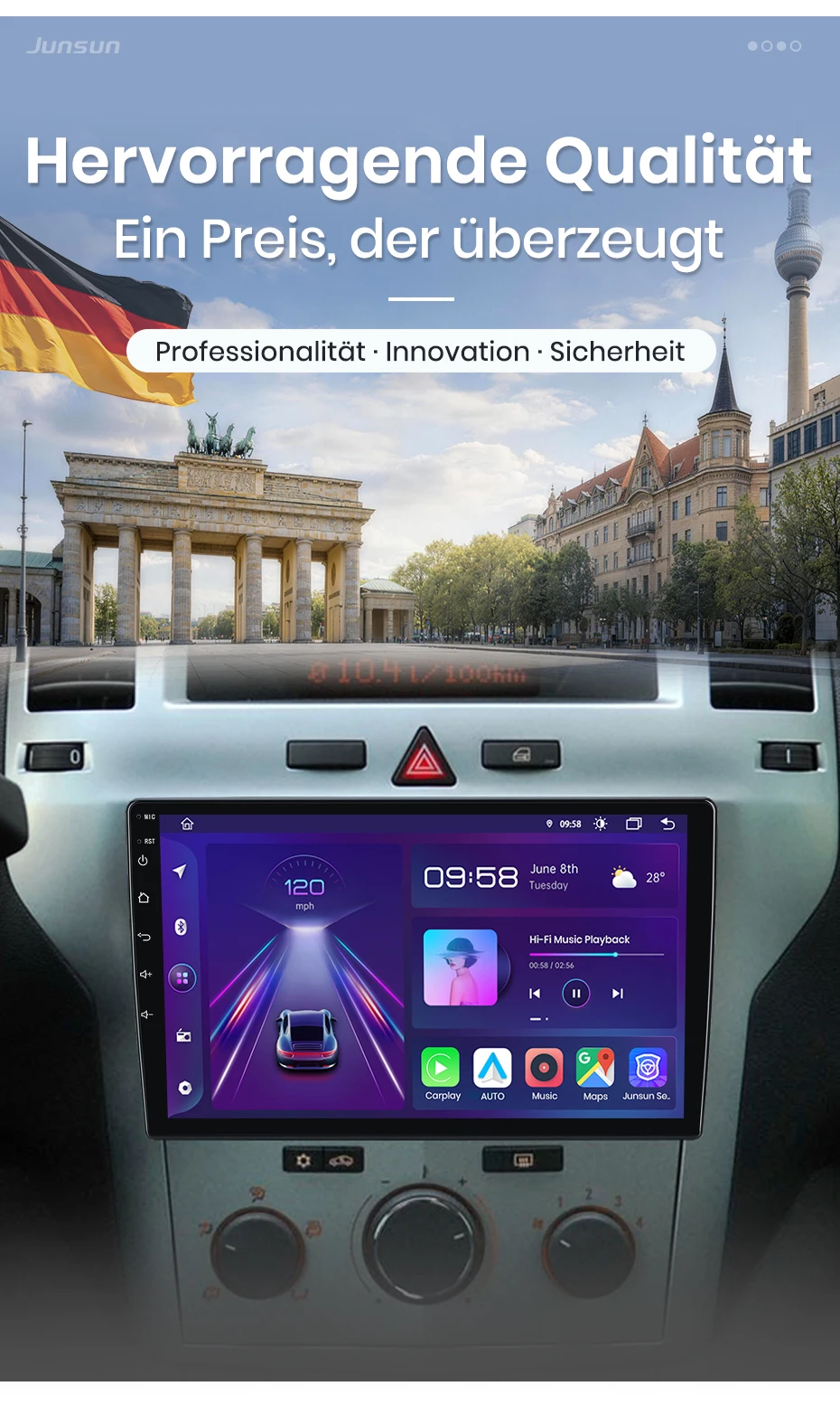 Junsun 9-Zoll Android 15 Autoradio für Opel Zafira B Astra H 2005-2014, kabelloses Apple CarPlay, Auto-IPS-Bildschirm, Stereo-Multimedia-Videoplayer, intelligente Fahrzeugsysteme, 2-DIN-Autoradio-Haupteinheit, GPS-Navigation, Bluetooth, 4G, WLAN, FM, AM, DSP, RDS, DAB+ – Detail 4