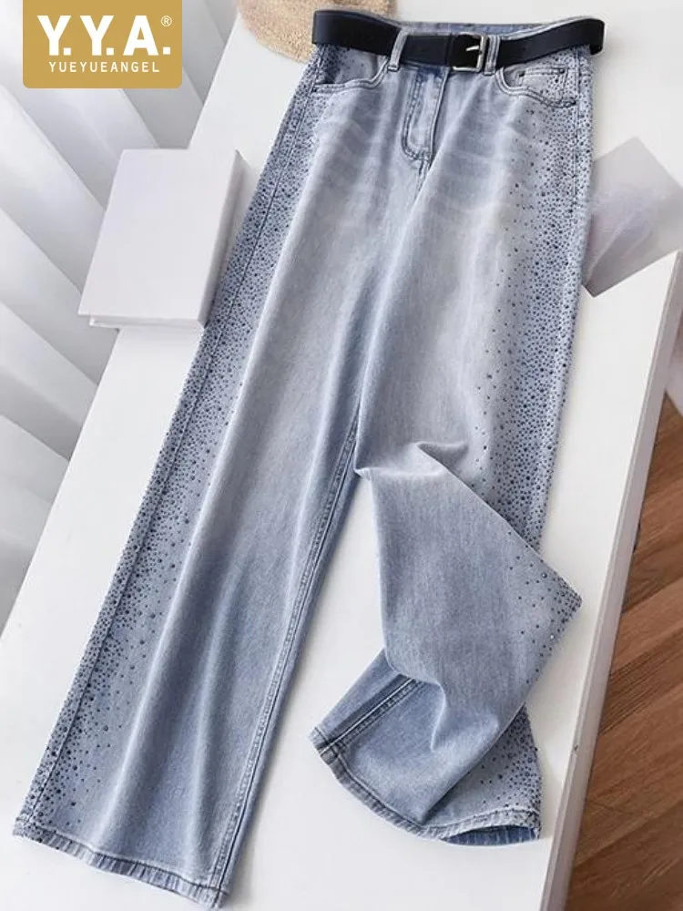 Leisure Ladies Button High Waist Straight Denim Pants Female Pockets Buckle Strap Trousers Crystal Women Solid Color Jeans