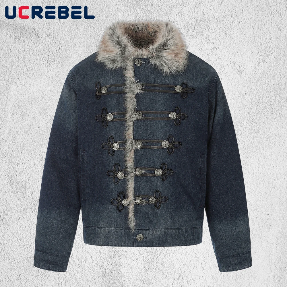 Three-row Button Denim Jacket Mens Winter Long Sleeve Fur Collar Quilted Jacket Man Outerwear