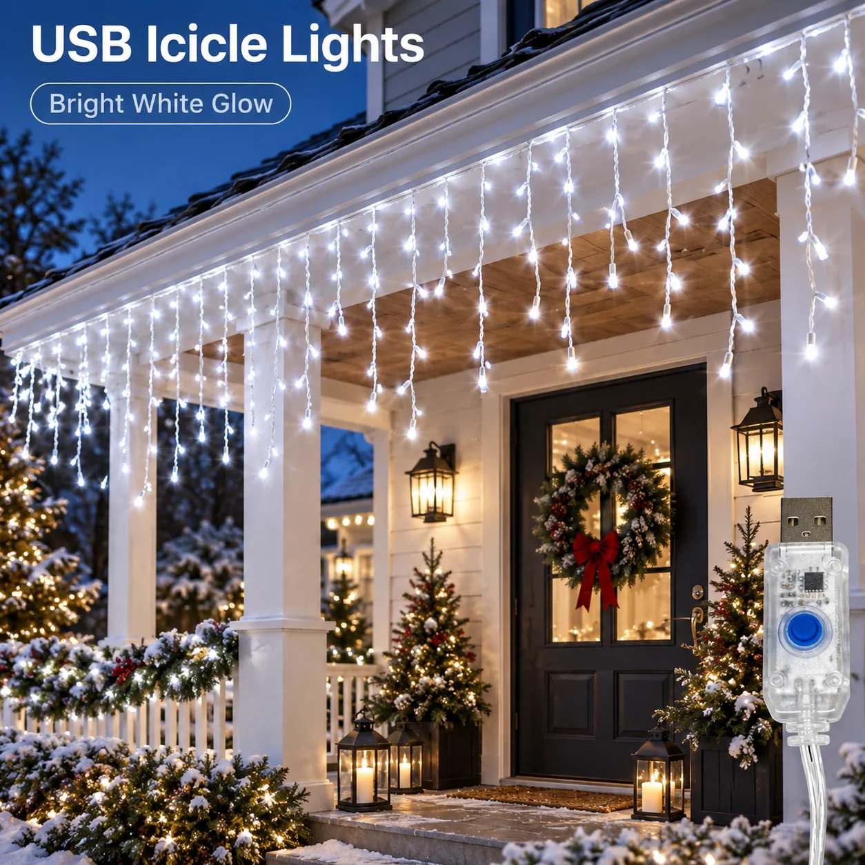 Christmas Roof Lights USB Icicle Curtain 6M/100LED 10M/200LED 8 Modes for Eaves Porch Window Balcony Garden Party Decor