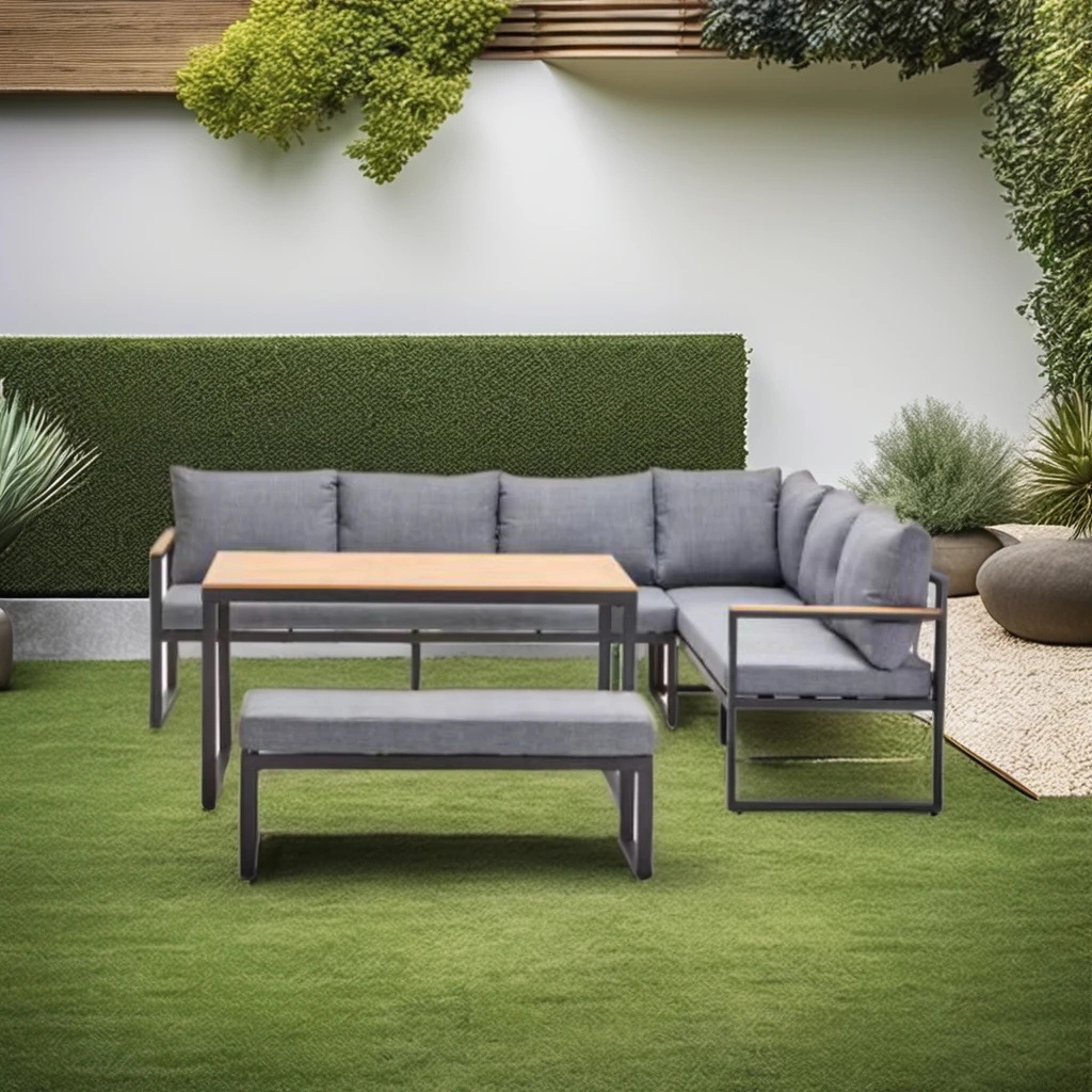 

Modern Outdoor Garden Patio Steel Corner Sectional Sofa Set with Dining Table for Hotels Kitchens Exteriors