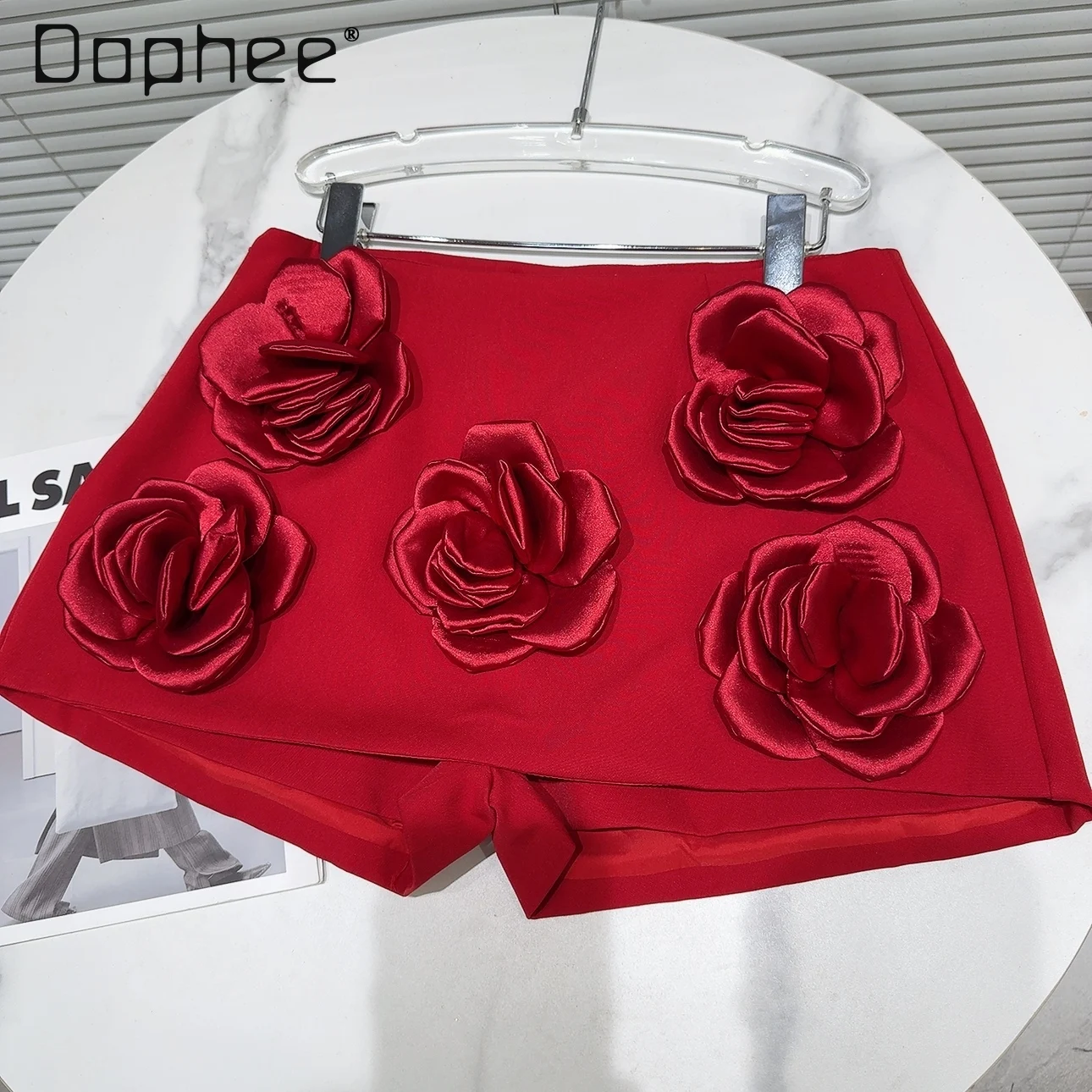 

Sexy Women's Red Three-Dimensional Large Flower Pantskirt 2024 Summer New Socialite Solid Color Advanced Short Skirts for Women