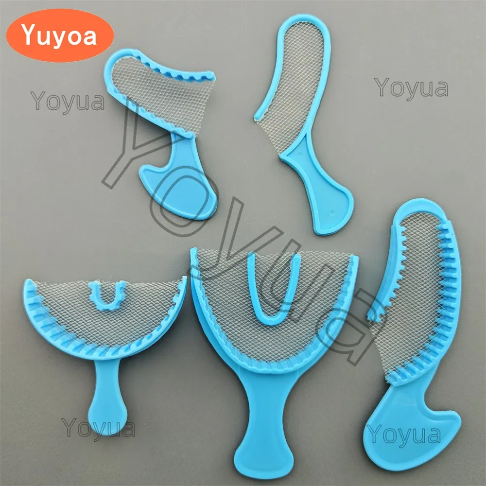 100pcs Dental Impression Trays Triple Bite Registration Denture Tray Net Gauge Posterior Full Half 5Types Disposable Blue Color