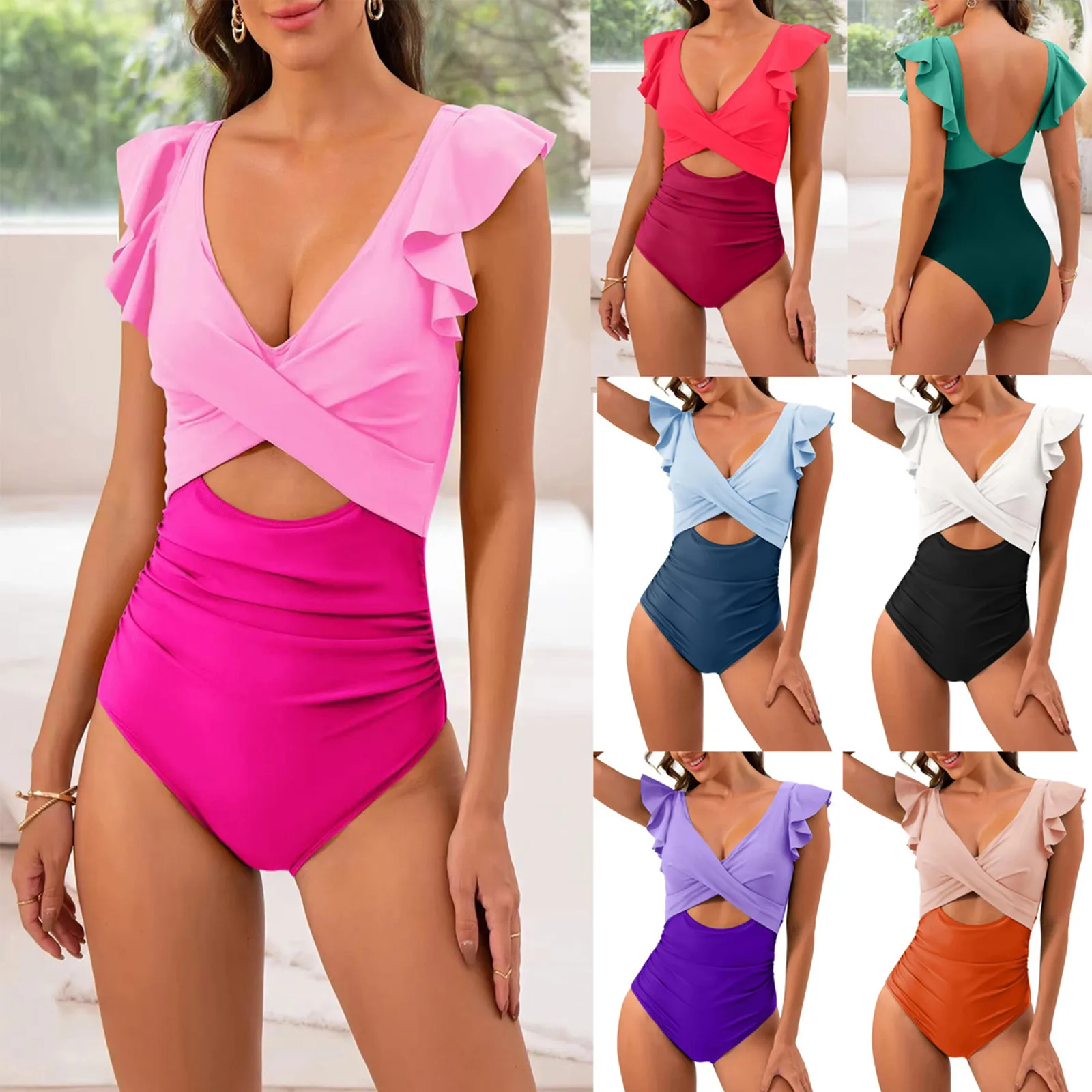 One Piece Swimsuit, V Neck Solid Color Backless Tummy Control High Cut Bathing Suit, Women'S Swimwear & Clothing 2024 Beach Swim