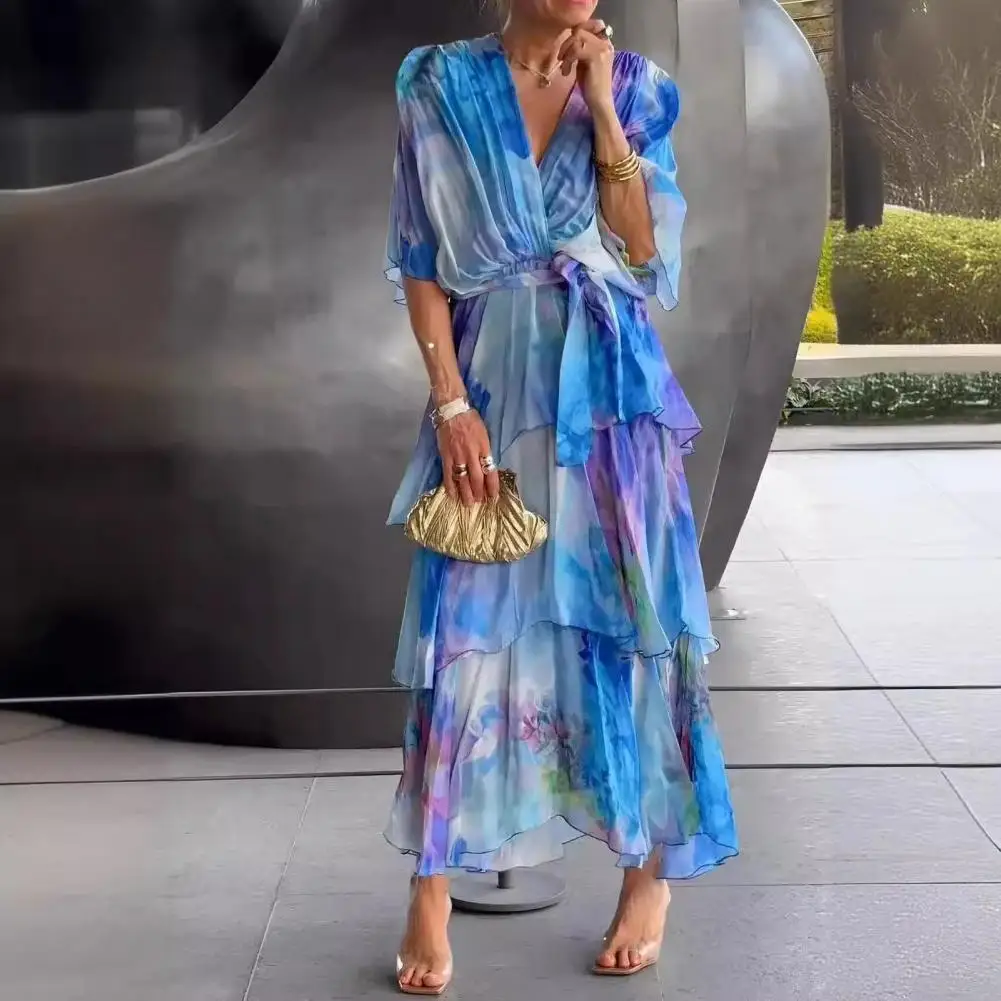 

Women Dress Tie-dyed Multi-layered Scattered Cake Hem Pleated V Neck Ruffle Lace-up Slim Waist Evening Dress Beach Party Dress