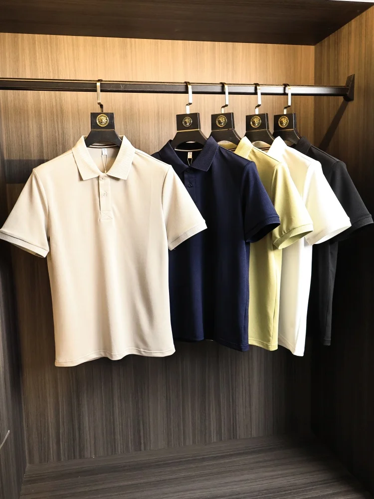 High-End Thread  Shirt Men's Summer Breathable Short Sleeve Turn-down Collar Versatile Simple Style Moisture Wicking Cott...