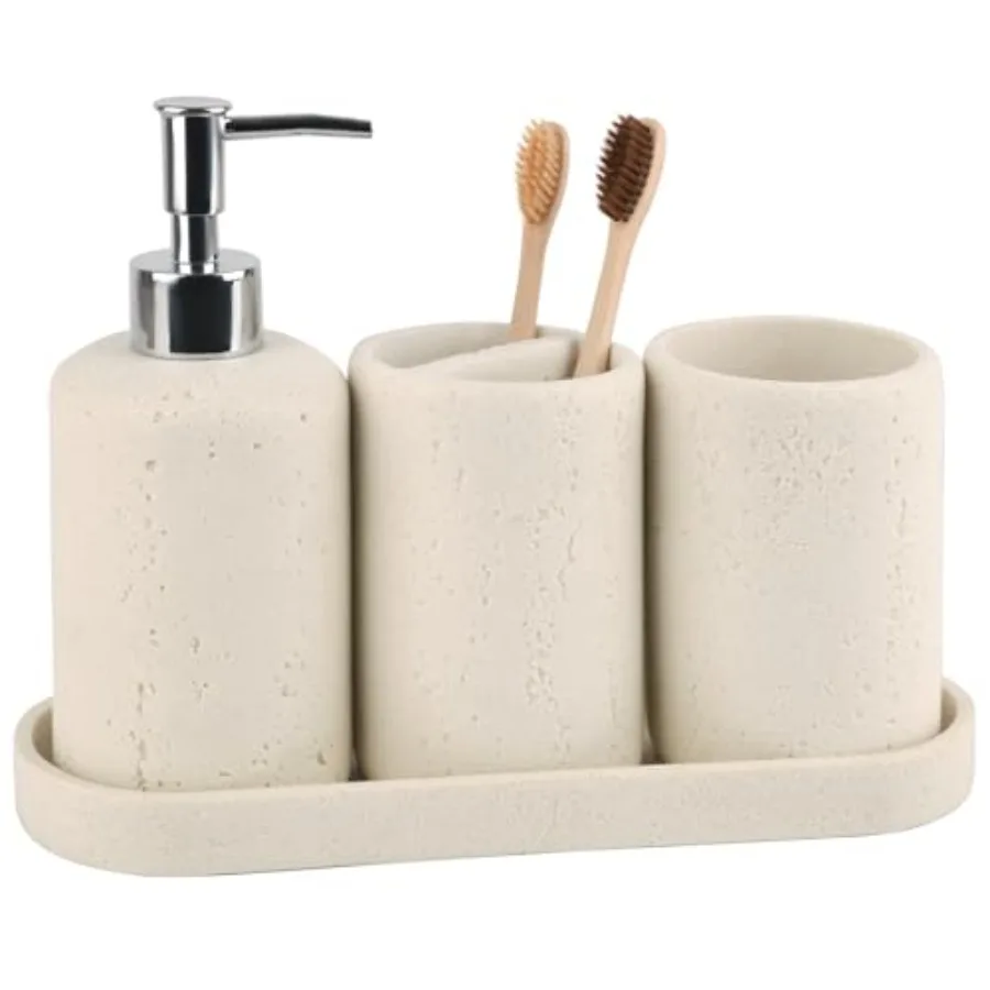 

Bathroom Accessories Set, 4 Pcs Travertine Stone Look Bathroom Accessory Set with Soap Dispenser, Toothbrush Holder, Vanity Tra