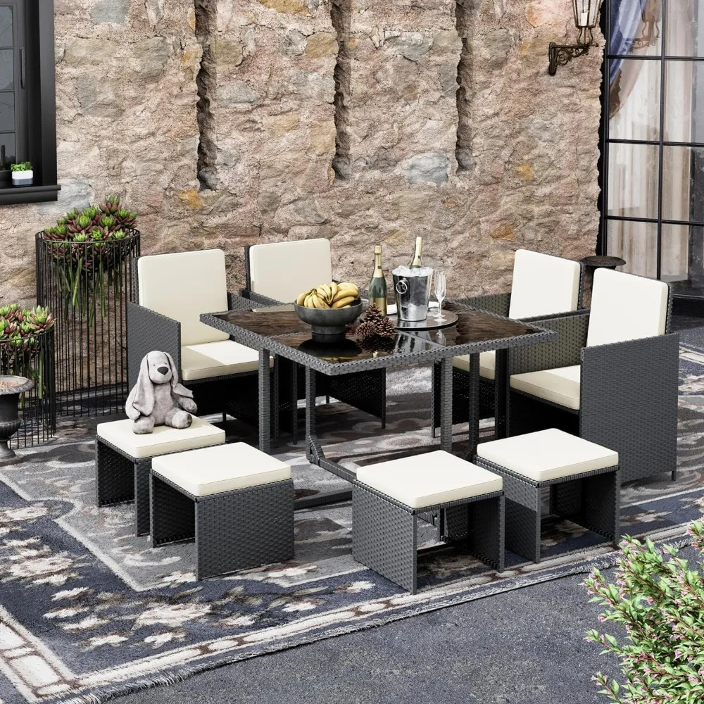 9 Pieces Patio Dining Sets, Space Saving Wicker Chairs with Glass Table and Ottomans, Outdoor Conversation Sets