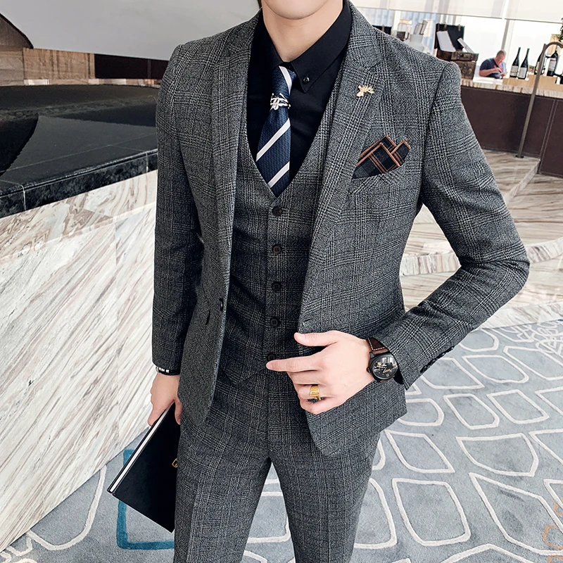 Men\'s High-quality Large Suit 6XL/7XL 3-piece Suit (suit+vest+pants) Business Fashion Check Suit Groom Wedding Banquet Suit