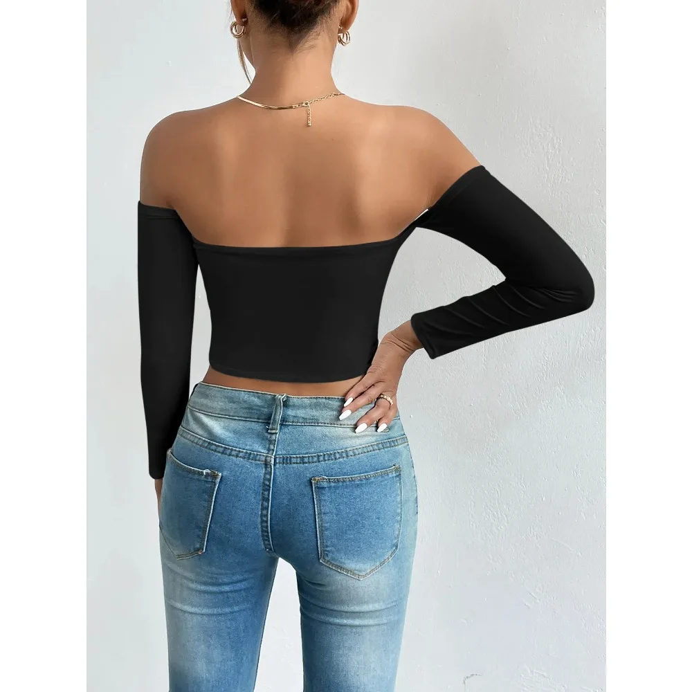 Women's Off Shoulder Long Sleeve Crop Top Slim Fit Tube Top Casual Y2K Streetwear Sexy Bodycon Bandeau Blouse Fashion Party Wear