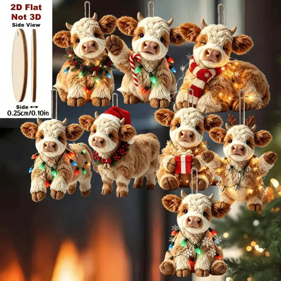 1/5/10/20/50/100pcs Set of 8 cute and trendy cow-shaped ornaments, 2D and flat, handmade from wood, with a hanging cord—a Christ