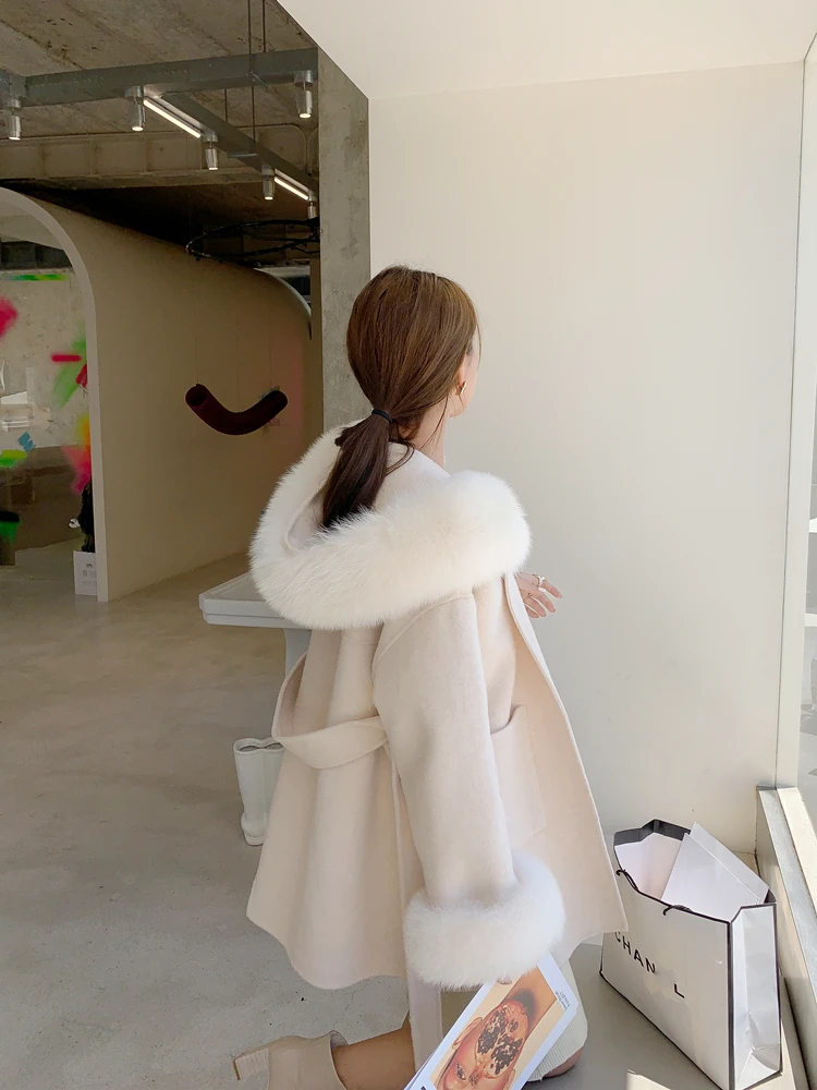 2022 Real Fur Coat Winter Jacket Women 100% Natural Fox Fur Collar Cuffs Cashmere Wool Blends Oversize Outerwear New