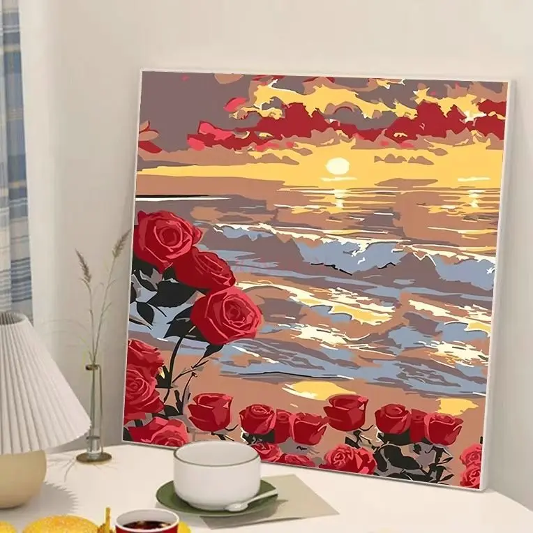 1set DIY digital oil painting, seaside rose, handmade coloring, healing and decompression, oil painting