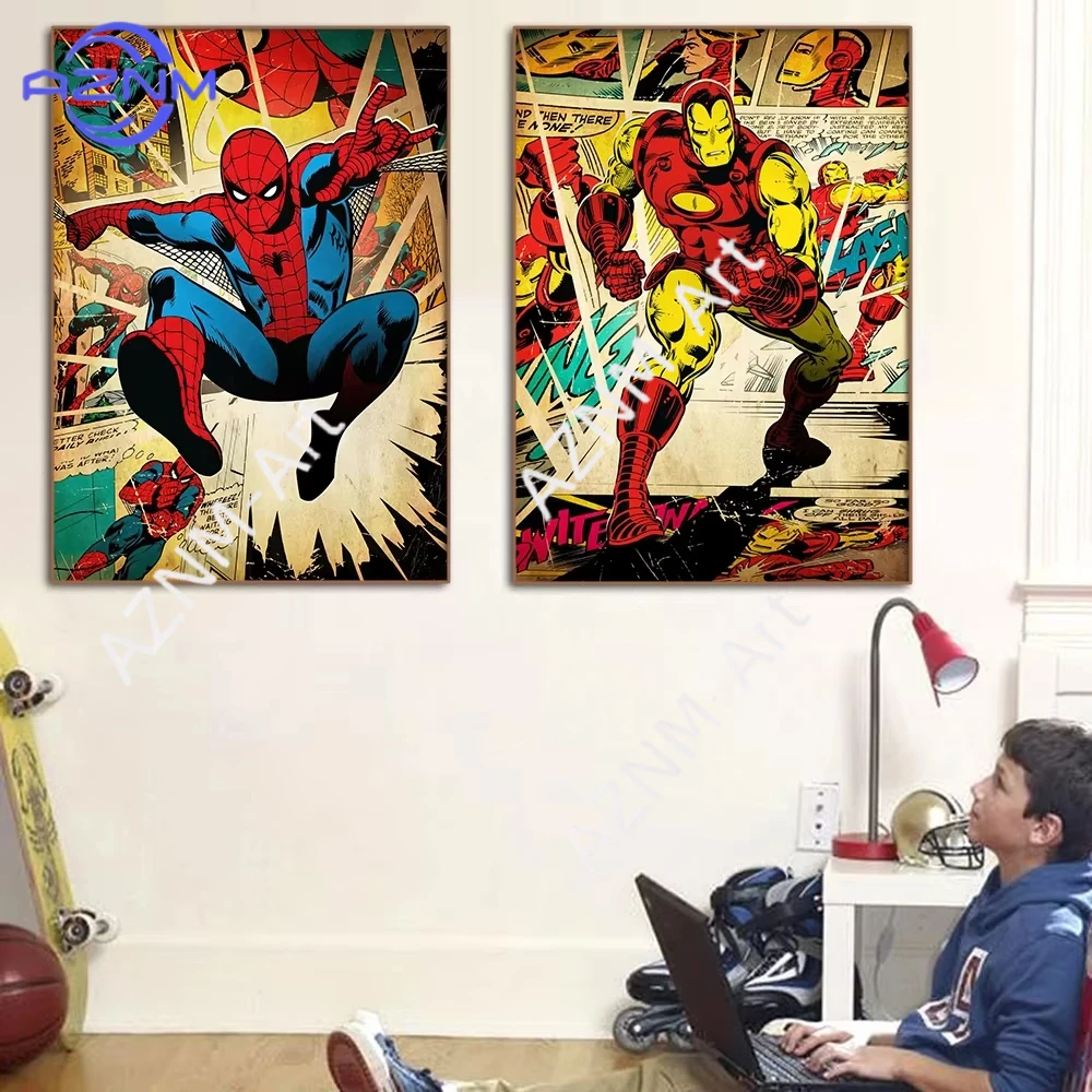 Marvel Movie Avengers Vintage Wall Art Posters SpiderMan Iron Man Hulk Thor Home Room Decor Canvas Painting Print Picture