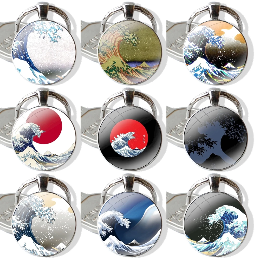 The Great Wave off Kanagawa Keychain Handmade Glass Cabochon Key Ring Holder Pendant Key Chains