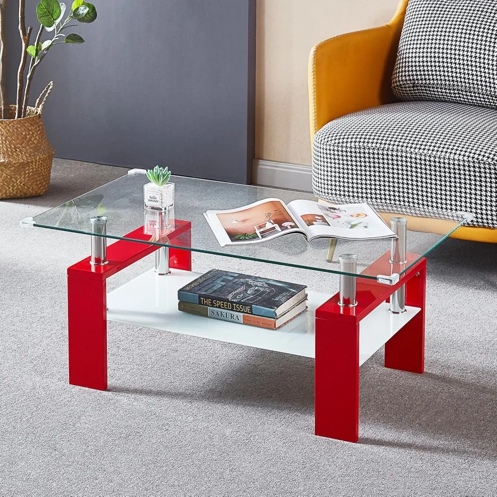 

Glass Coffee Table, Red Rectangle Glass Coffee Table for Living Room, Modern Office Tea Table with 2-Tier Tempered Glass