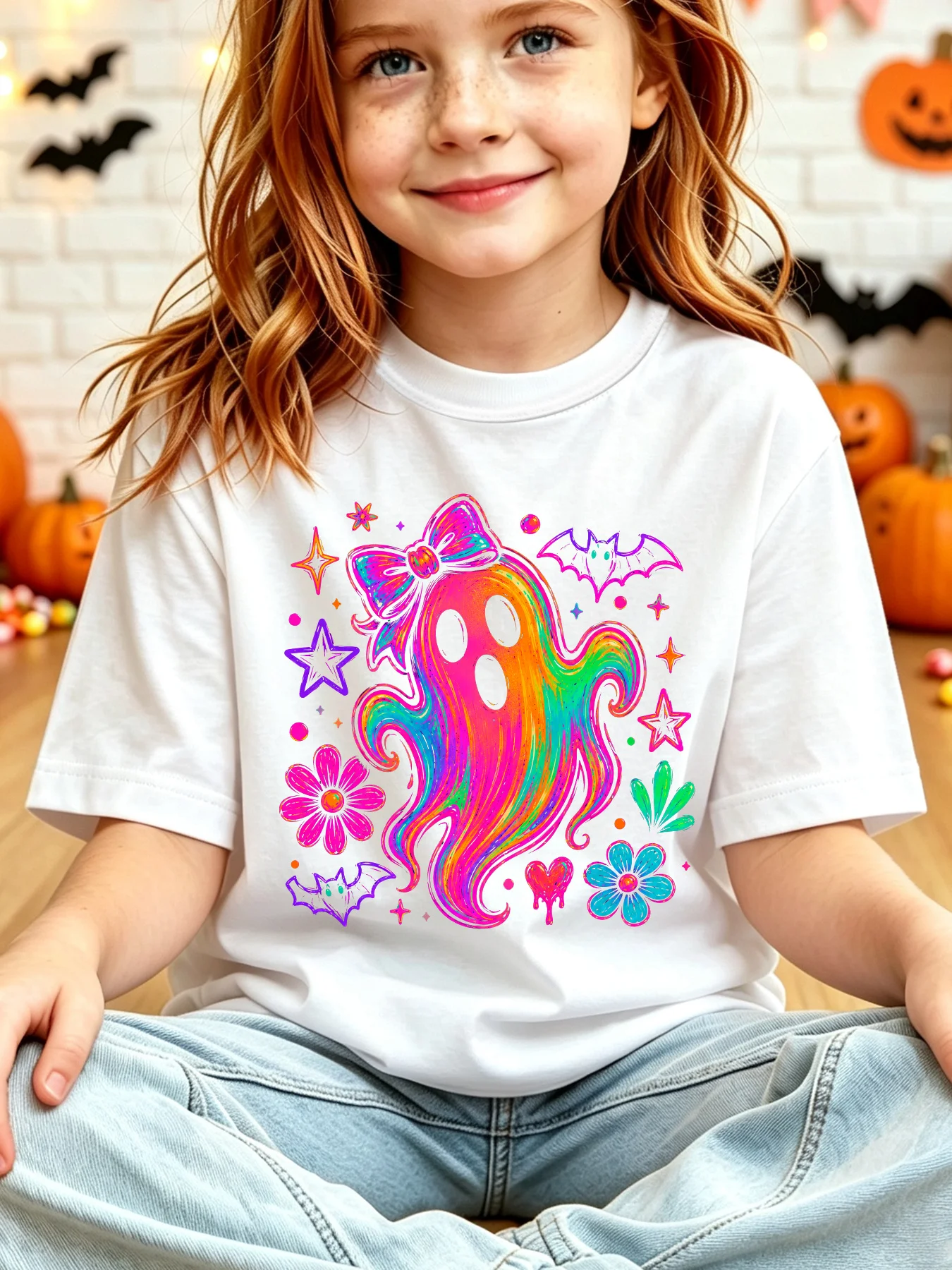 Kids Rainbow Ghost Bow Bat Flower Star Graphic Tee Boys Girls Family Matching Short Sleeve Halloween Party Casual Daily T Shirt