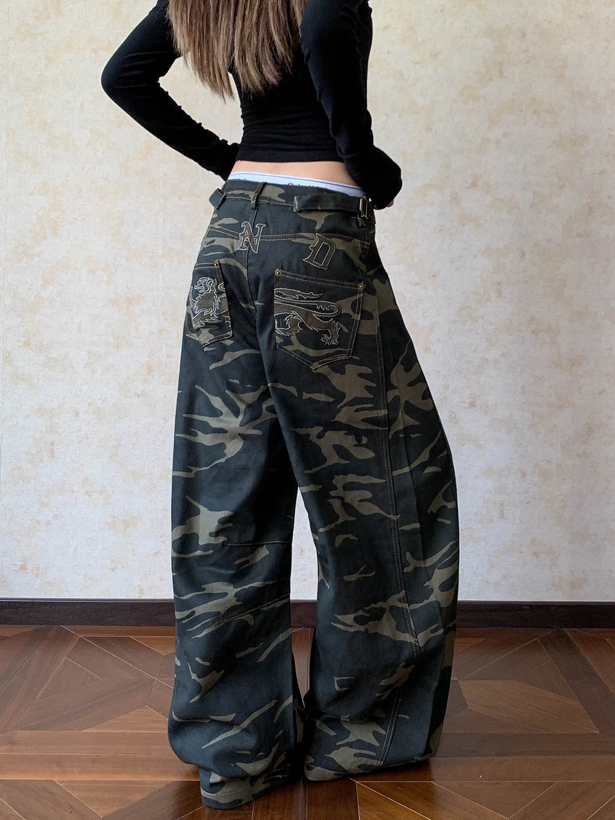 

Женские широкие брюки Aket American Street Sle с камуфляжной вышивкой, с высокой талией, в стиле рабочей одежды, повседневные, из хлопка, длинные