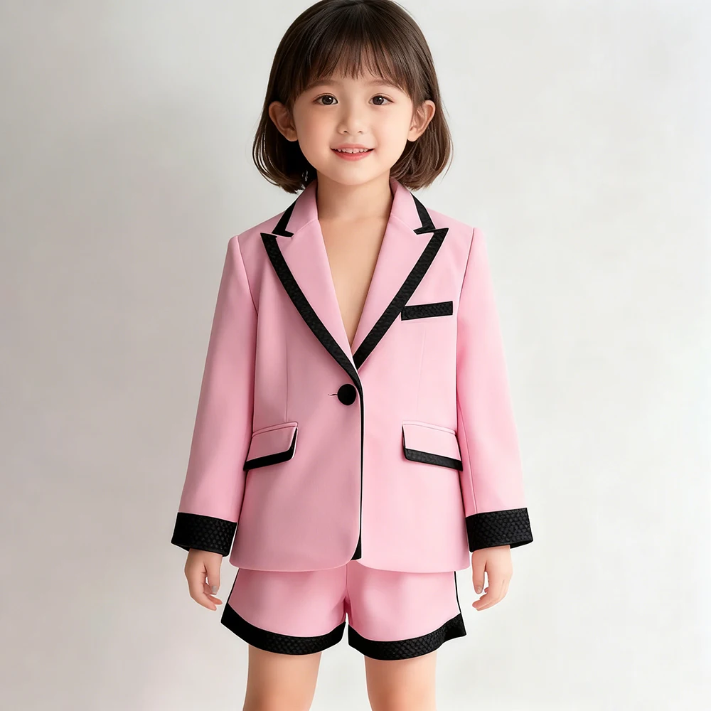 

Customzied Pink Girls Suits Blazer Fashion One-Button Peak Lapel 2 Piece Jacket Shorts Outfits Elegant Children Clothing Terno