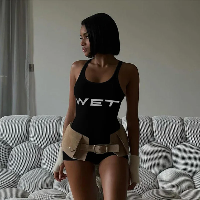

New 2025 Summer Women Sexy Sport Romper Subtranslucent Slim Playsuits Letter Printed White Women'S Raceback Sleeveless