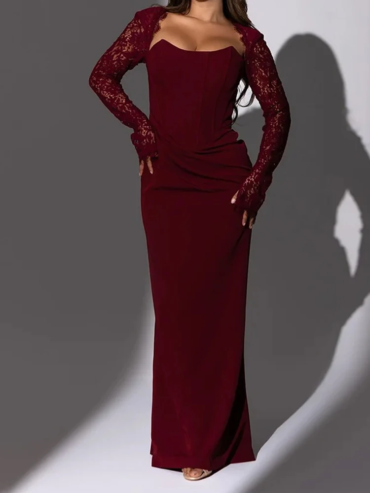 Modisches Meerjungfrauenkleid mit eckigem Ausschnitt, langen Ärmeln, sexy Spitzenstickerei, Partykleid, elegantes, drapiertes, einfarbiges langes Kleid