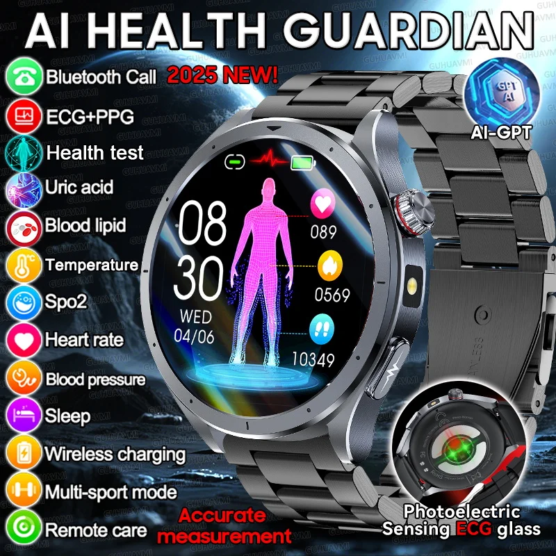 

Новинка 2025 года, трекер здоровья с искусственным интеллектом, липиды мочевой кислоты, умные часы, анализ тела, кровяное давление, Bluetooth-вызов, ЭКГ + PPG, умные браслеты для мужчин