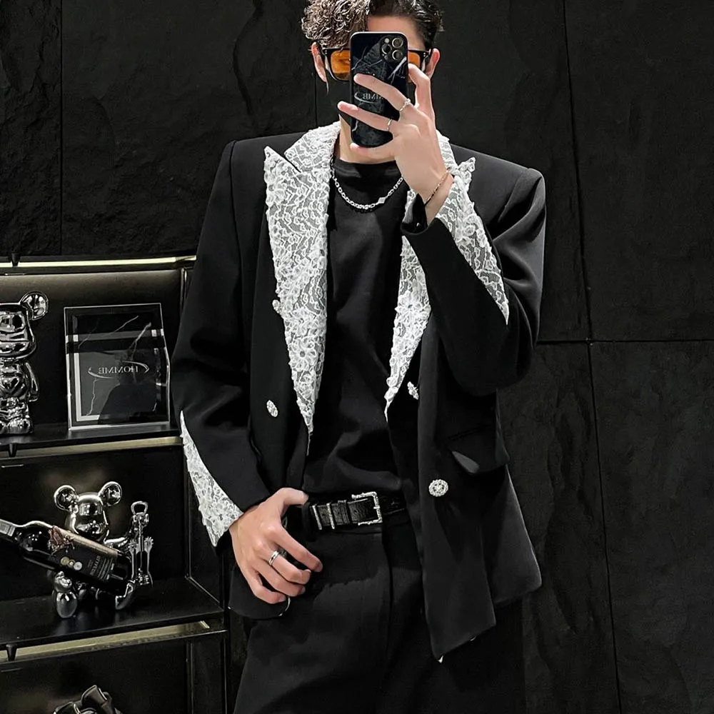 

Mens Autumn Jacket Lace Stitching Contrast Color Ballroom Jacket Fashion Nightclub Stage Performance Niche Tops Men'S Clothing