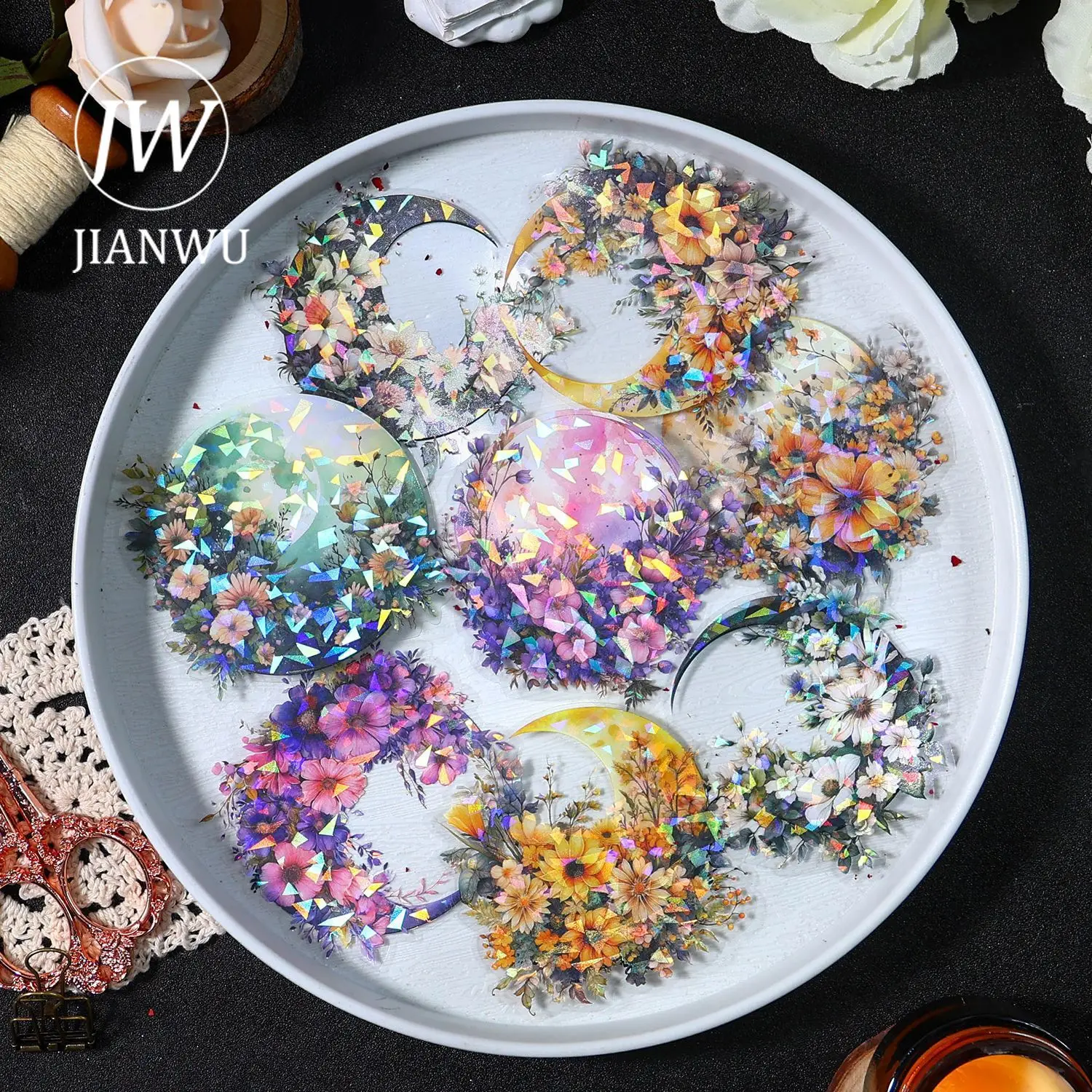 JIANWU 10 Sheets Moon Shadow and Flower Sea Series Vintage Shell Light Decor PET Sticker Creative DIY Journal Collage Stationery