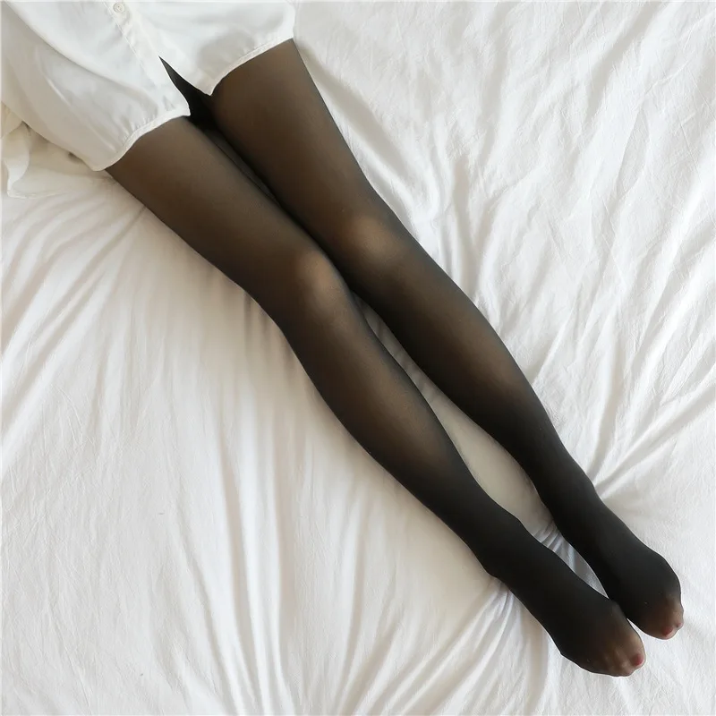 Solid Color Women Elastic Plus Velvet Leggings Sexy Fake Skin Tone Seamless High Waist Slim Pantyhose Female Thermal Leggings