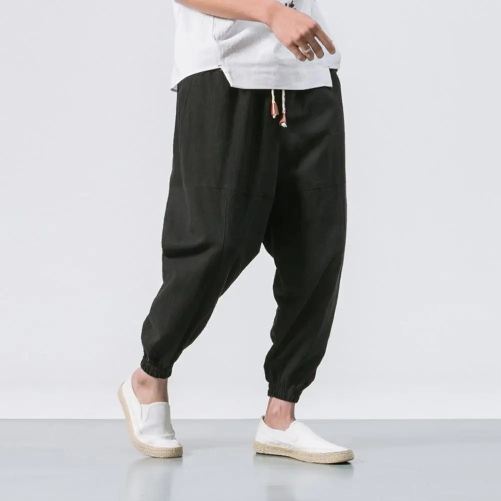 

Elastic Waist Trousers Japanese Style Men's Harem Pants with Deep Crotch Pockets Loose Ankle Length Trousers for Casual Daily