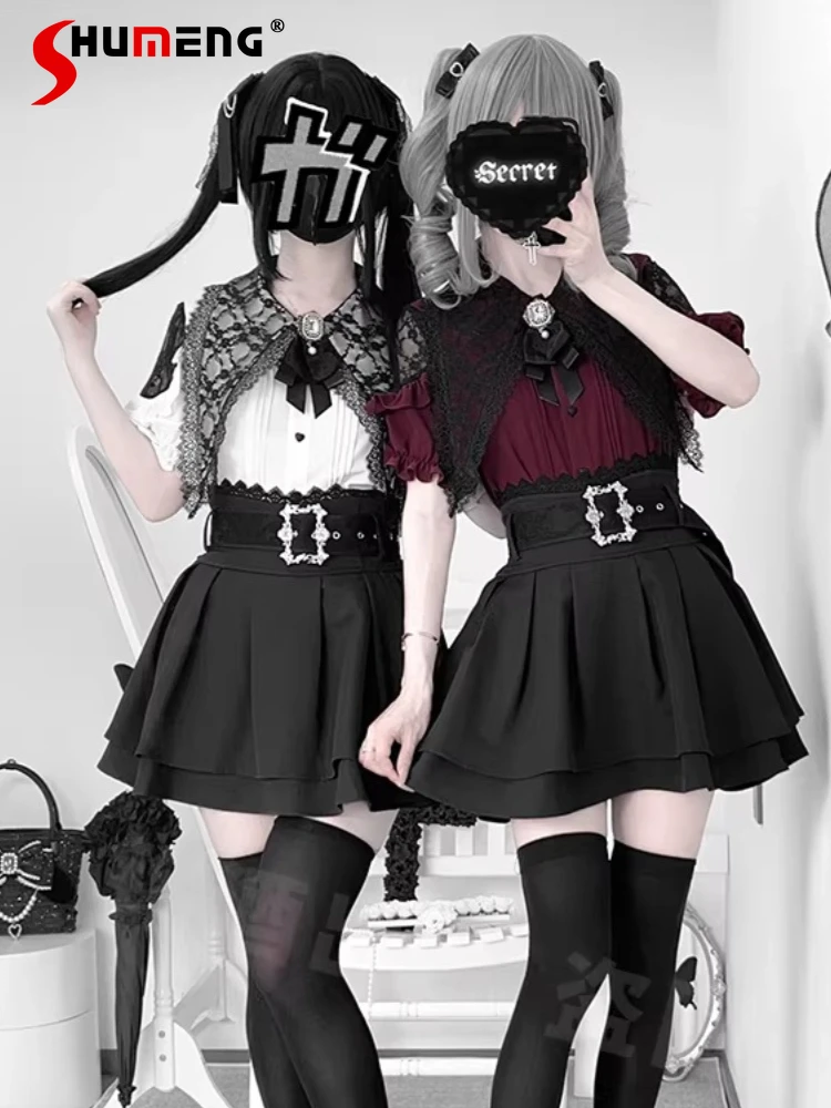 

Japanese Mines Style Mass-produced Lace Splicing Short-sleeved Heart Buckle Shirt High-waisted Skirt Sweet Lolita Two-piece Set