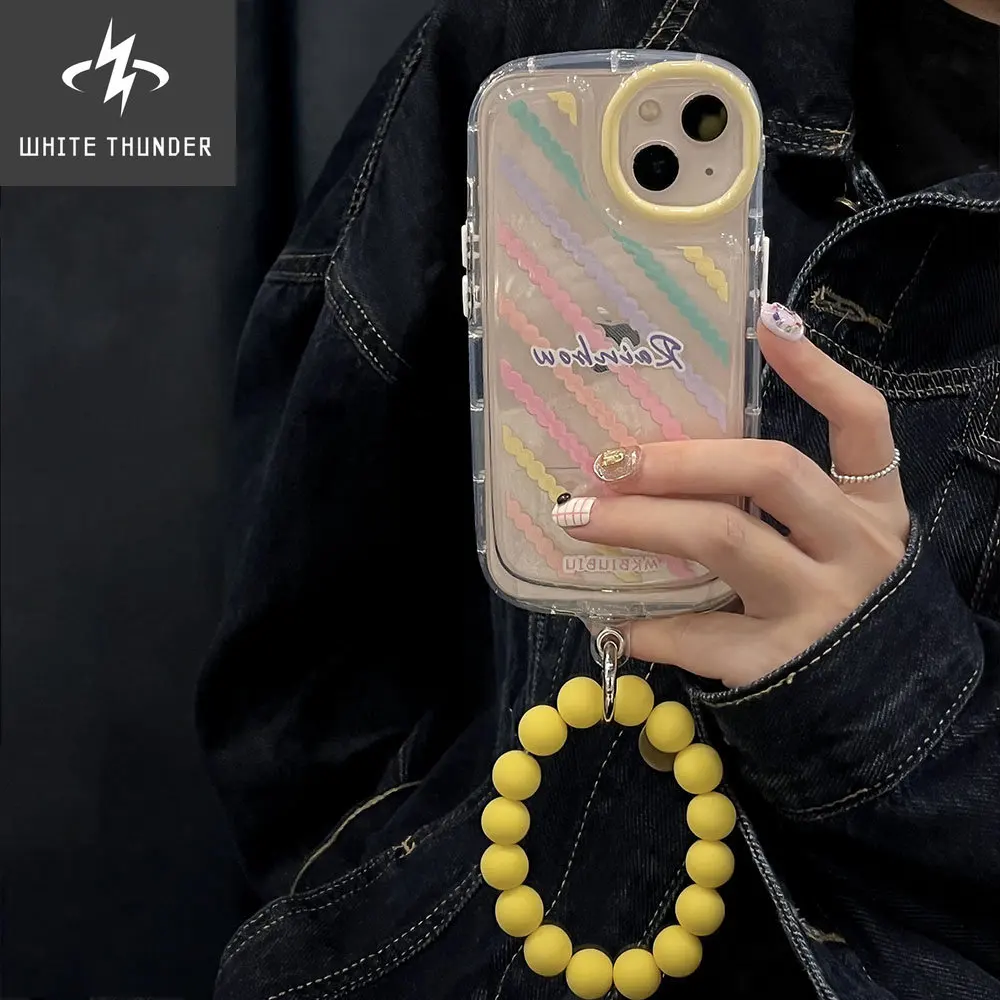 INS Summer Color Stripe Twill Big Beads Wrist Ring Bracelet Soft Phone Case For IPhone 12 11 13 Pro Max XR X XS Max Back Cover