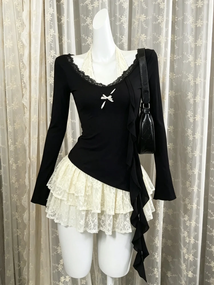Women Summer 2000s Y2K Shoujo Korean Kpop Outfits 2 Piece Set Long Sleeve Slim Tops Coquette Ballet Core Lace Mini Dress