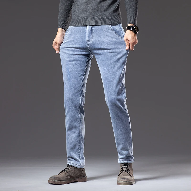 Зимние флисовые утепленные теплые джинсы, винтажные брендовые классические ретро молодежные модные мужские прямые повседневные эластичные джинсовые брюки