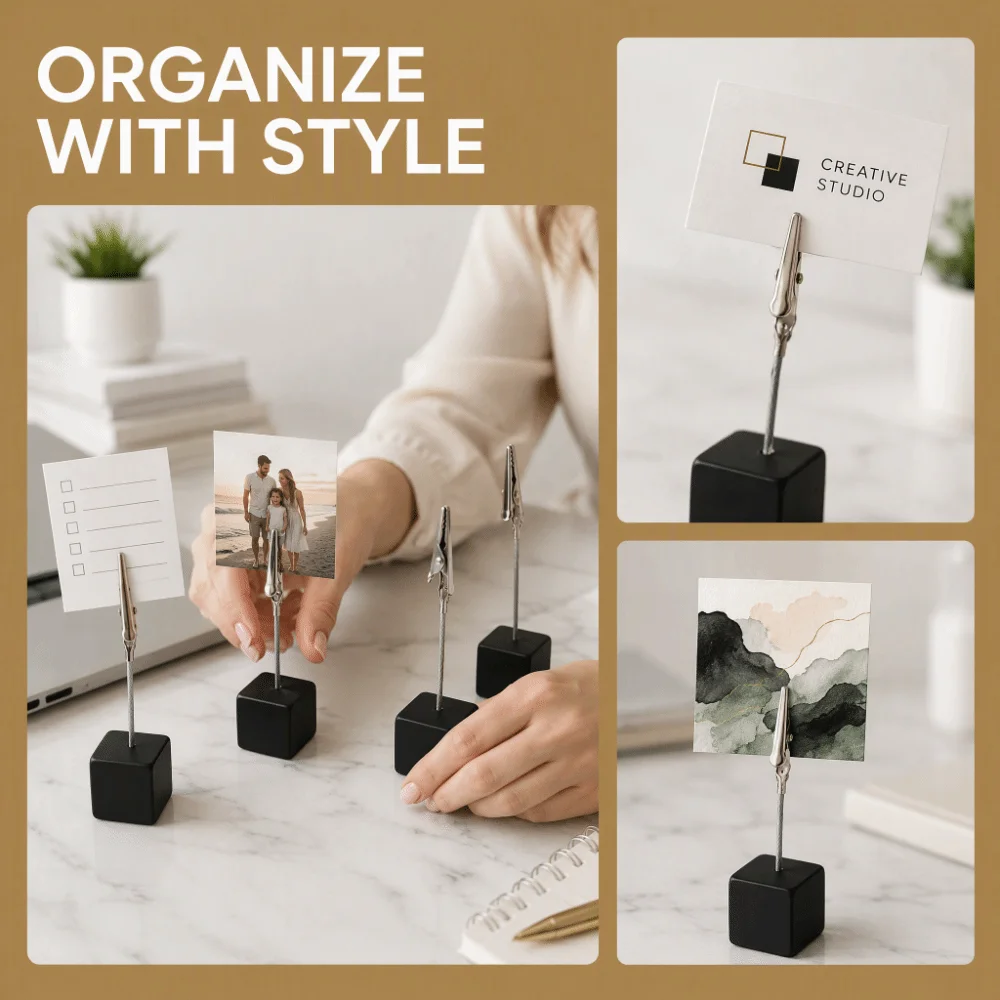 12PCS Black Card Holder Cube Cube Base Design 0.98x4.13in Table Number Stand Stable Base Photo Clip Holder Cube Office Use
