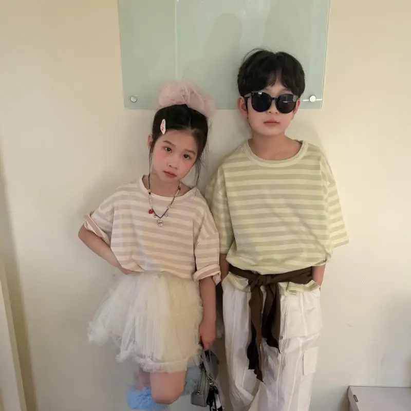 

2026 Summer New Children Short Sleeve T Shirts Cotton Boys Girls Loose Striped Tee Toddler Casual Versatile Tops Kids Clothes